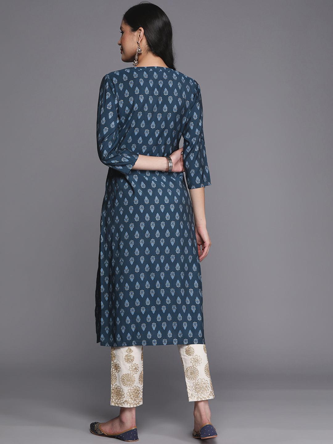 Blue Printed Silk Straight Kurta - Libas