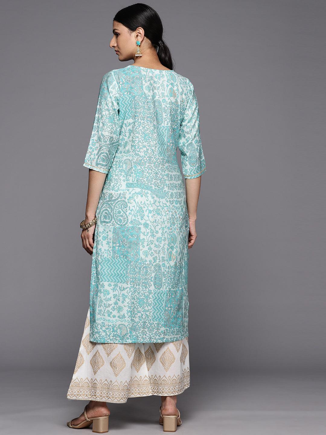 Blue Printed Silk Straight Kurta - Libas 