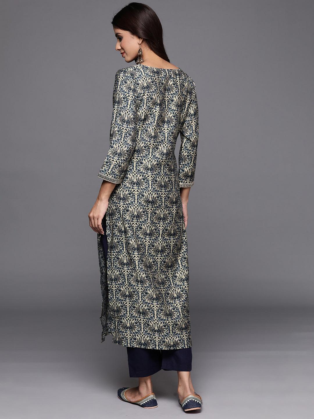 Blue Printed Silk Straight Kurta - Libas