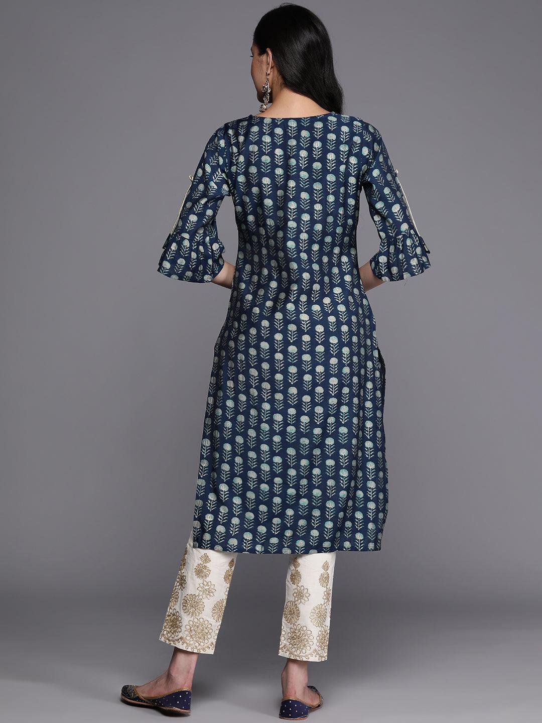 Blue Printed Silk Straight Kurta - Libas 