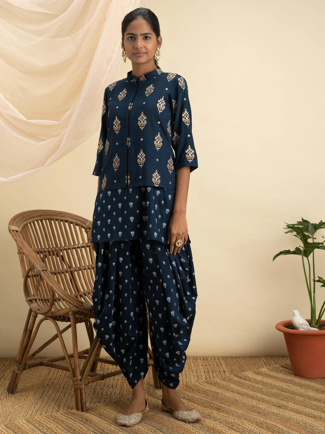 Blue Printed Silk Kurta Set with Jacket - Libas