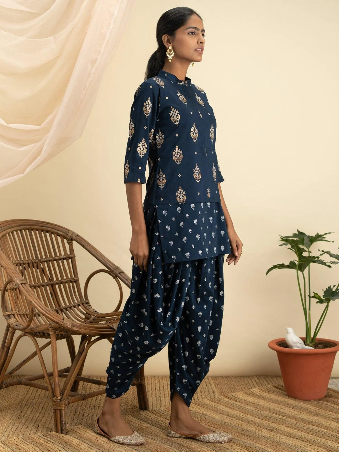 Blue Printed Silk Kurta Set with Jacket - Libas