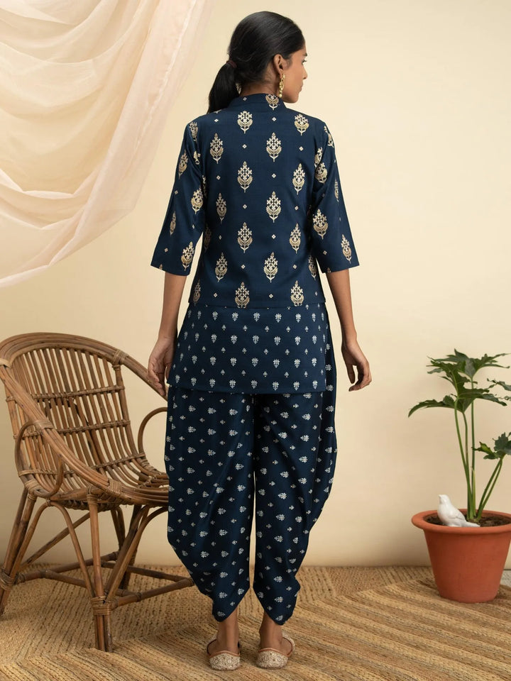 Blue Printed Silk Kurta Set with Jacket - Libas