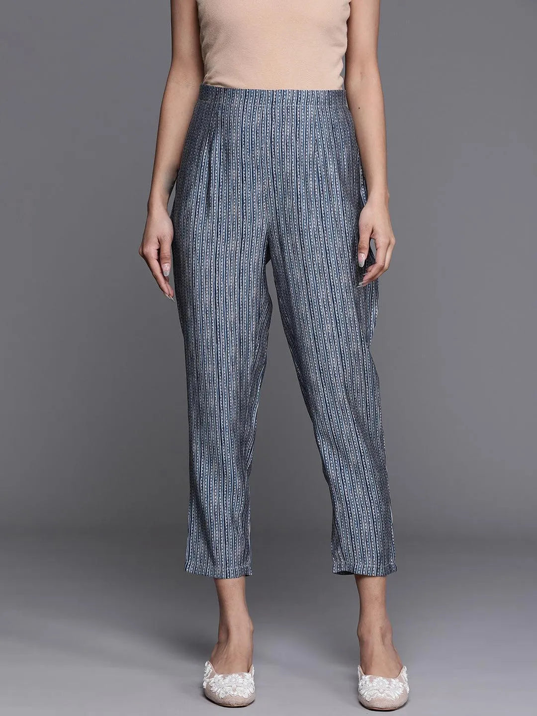 Blue Printed Silk Trousers - Libas