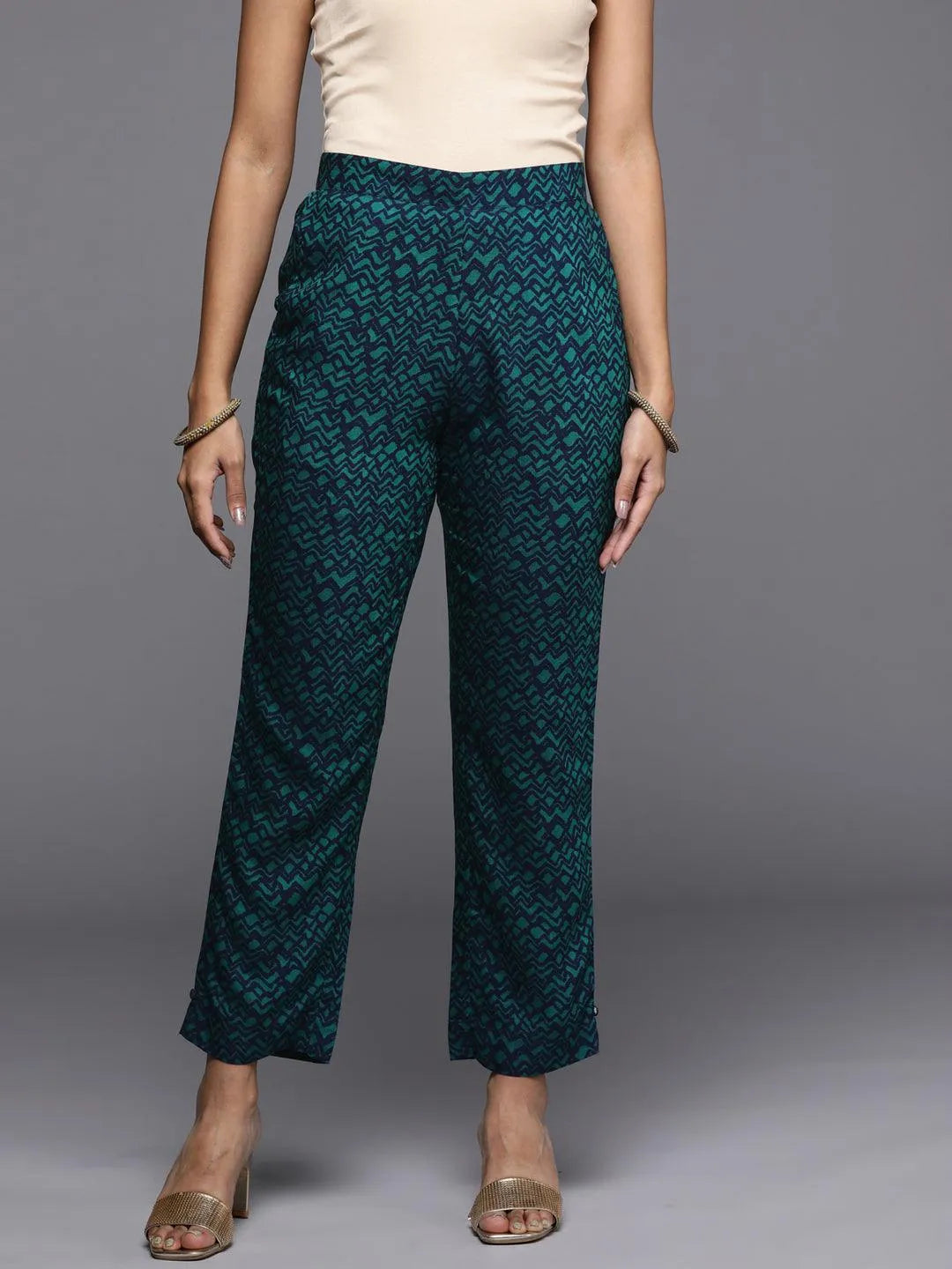 Blue Printed Silk Trousers - Libas