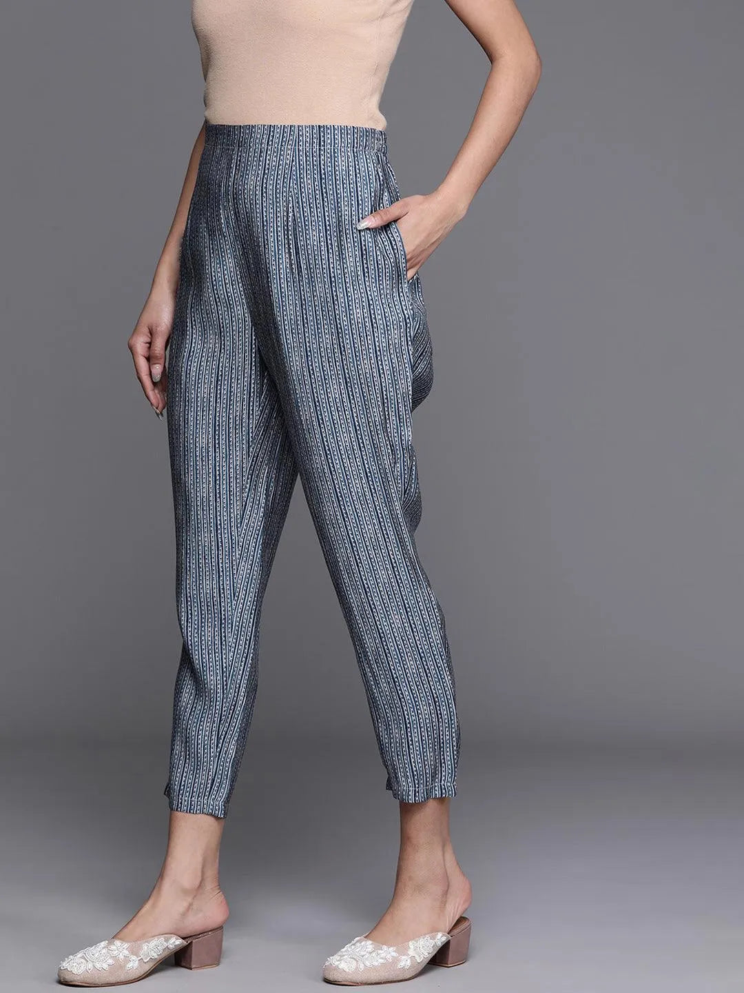 Blue Printed Silk Trousers - Libas