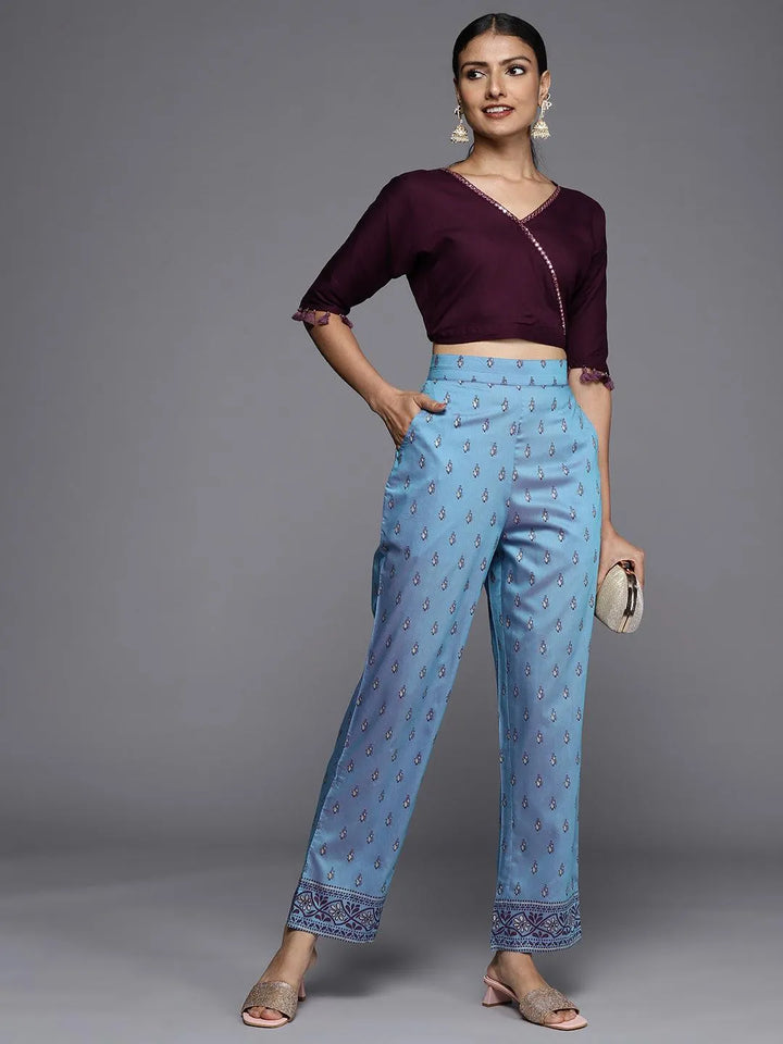 Blue Printed Silk Trousers - Libas