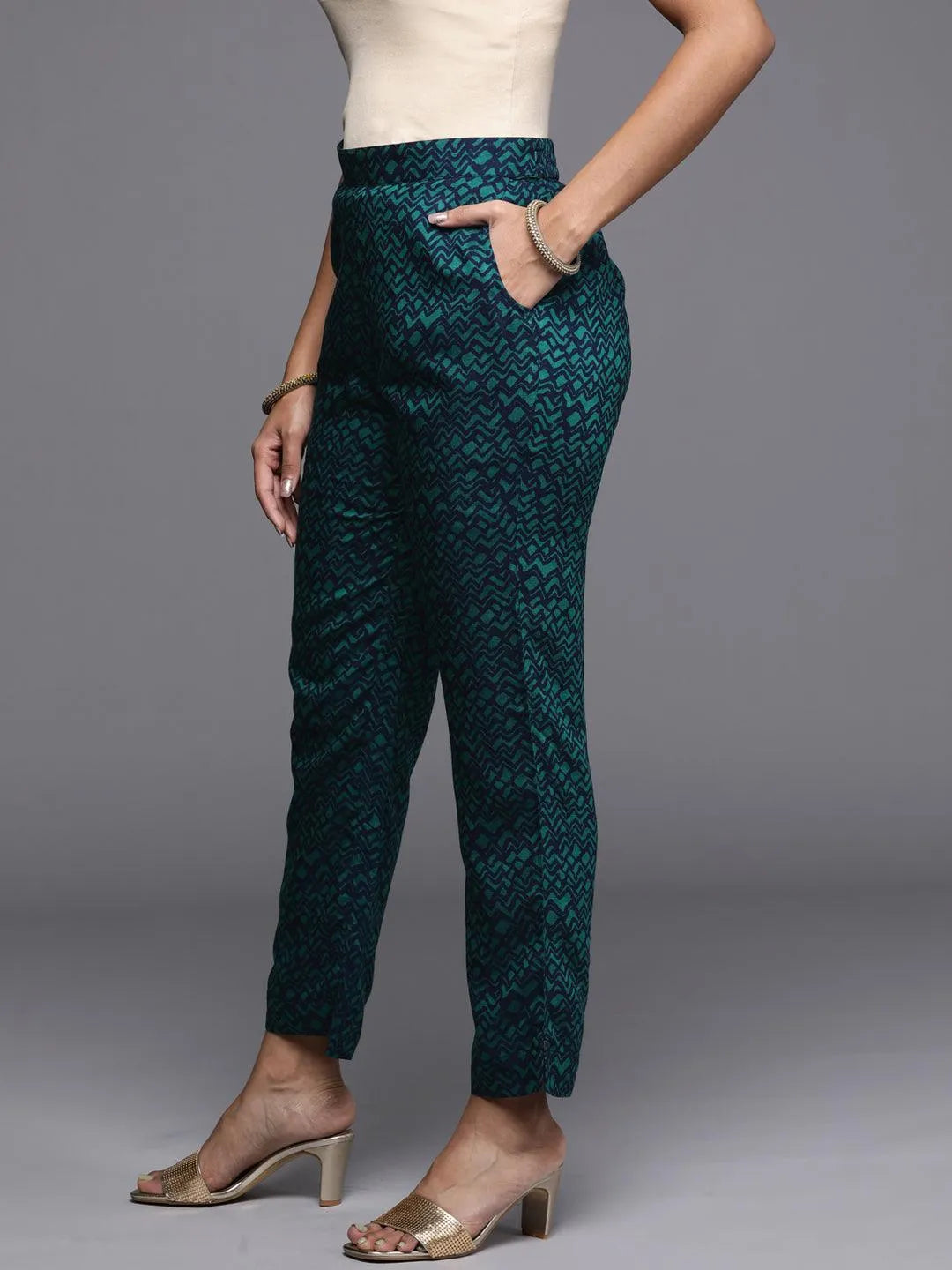 Blue Printed Silk Trousers - Libas