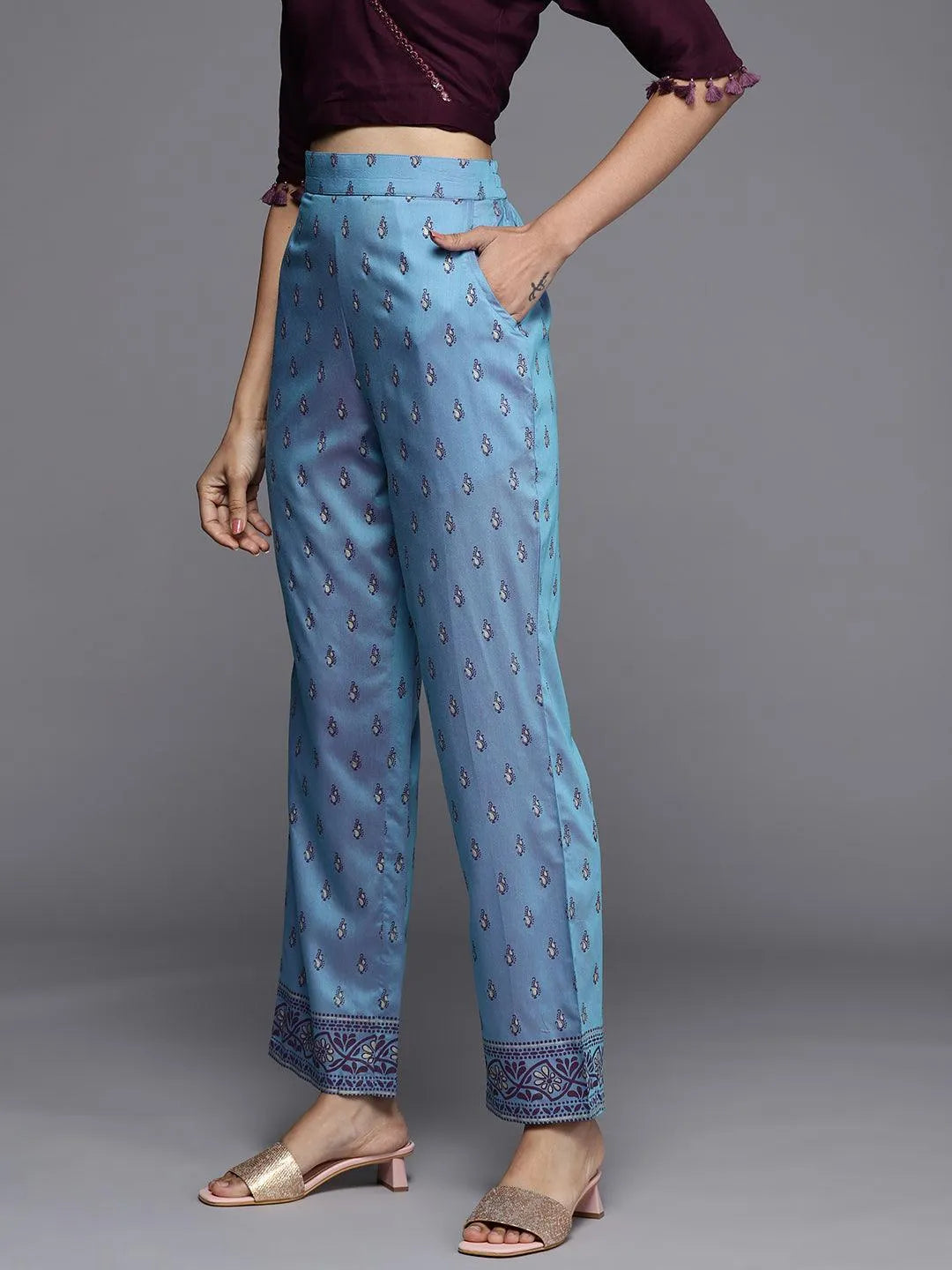 Blue Printed Silk Trousers - Libas