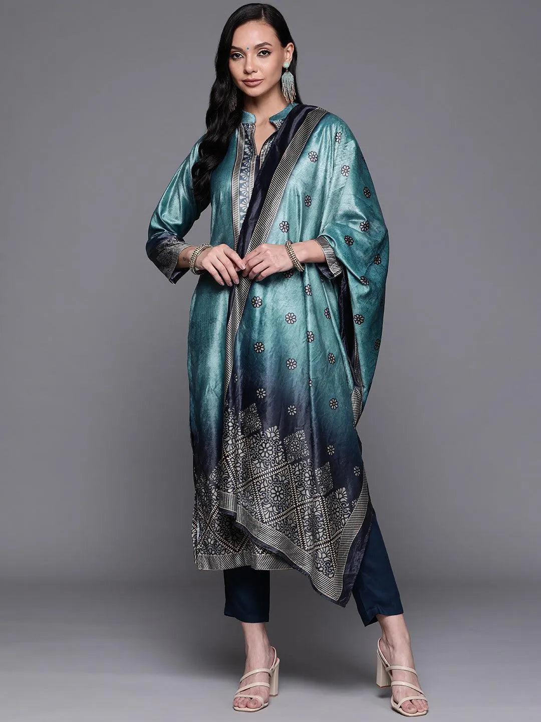 Blue Printed Velvet Suit Set - Libas 