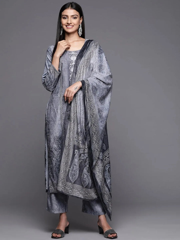 Blue Printed Velvet Straight Suit Set - Libas