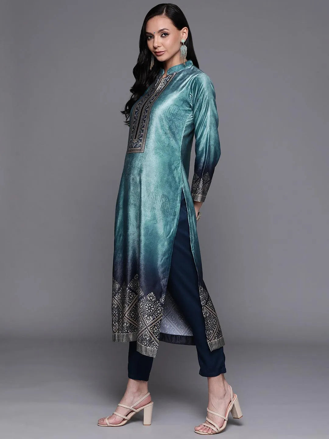 Blue Printed Velvet Suit Set - Libas 