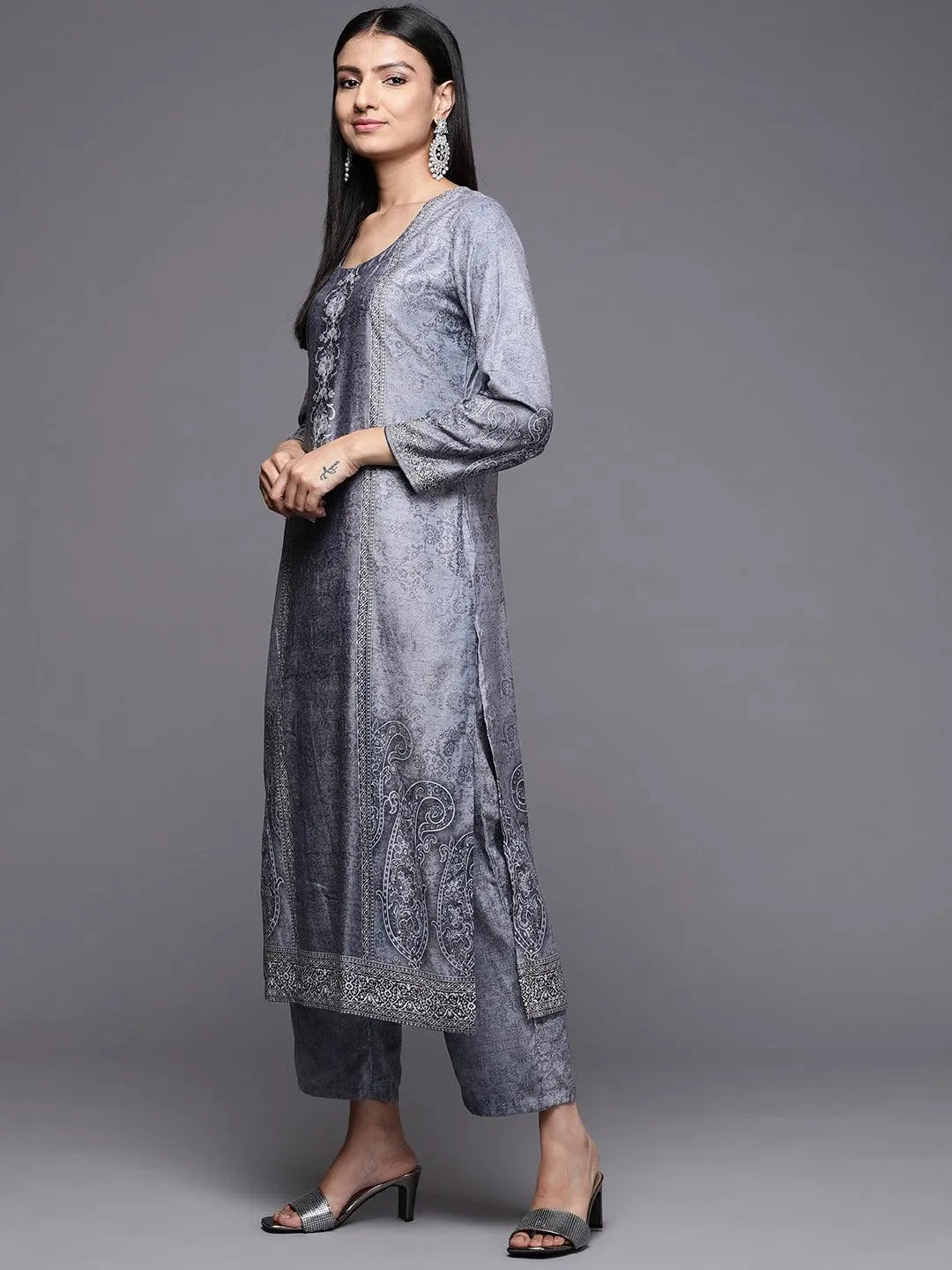 Blue Printed Velvet Straight Suit Set - Libas 