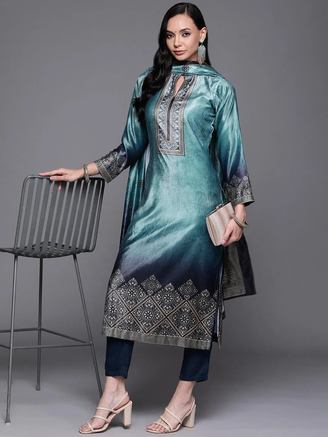 Blue Printed Velvet Suit Set - Libas