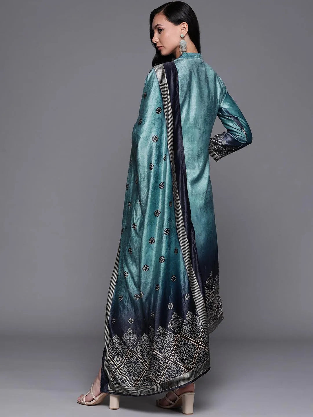 Blue Printed Velvet Suit Set - Libas 