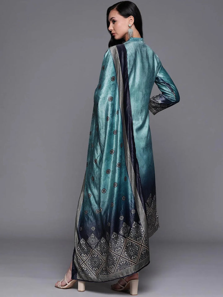 Blue Printed Velvet Suit Set - Libas