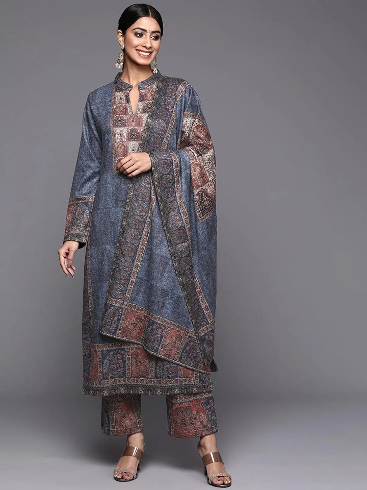 Blue Printed Wool Straight Suit Set - Libas