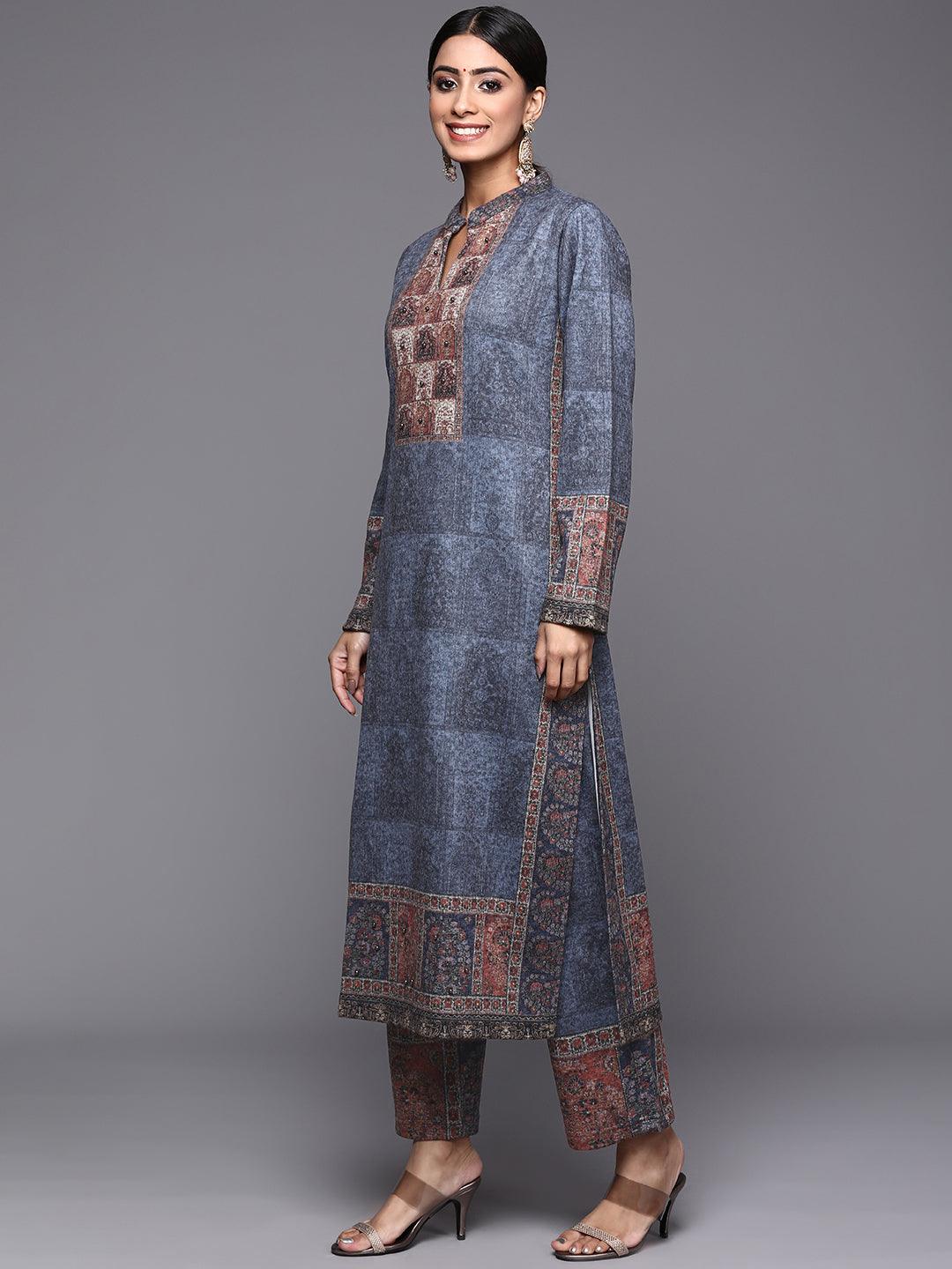 Blue Printed Wool Straight Kurta With Trousers & Dupatta