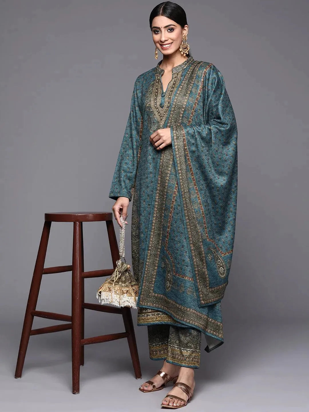 

Blue Printed Wool Straight Kurta With Trousers & Dupatta