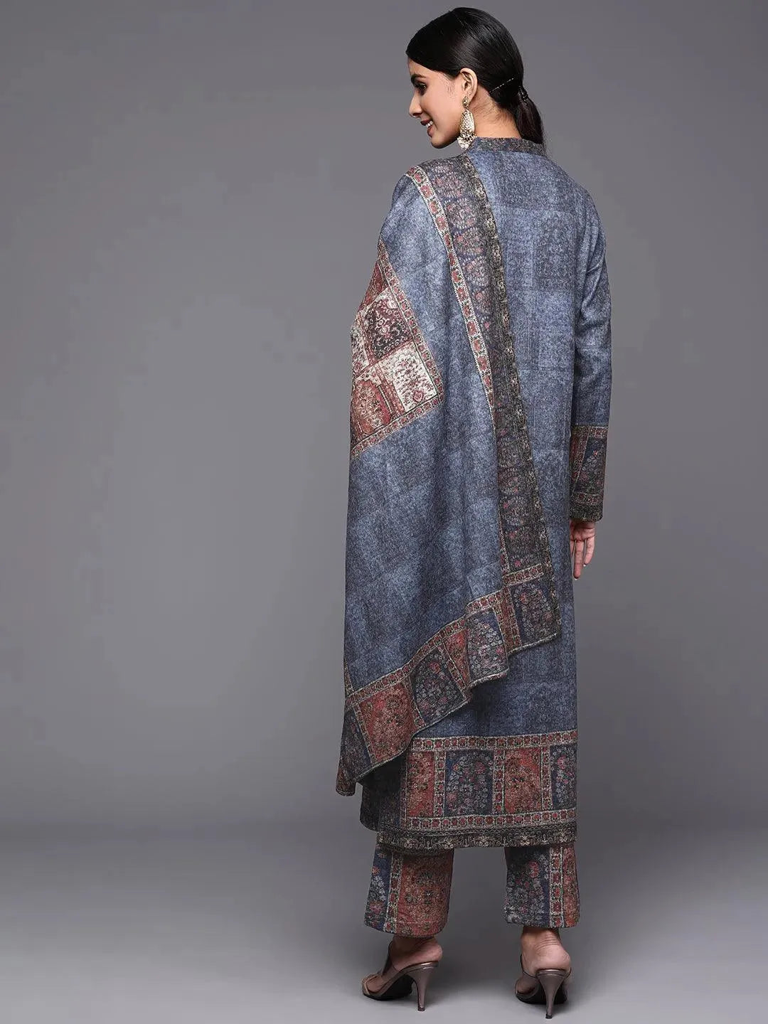 

Blue Printed Wool Straight Kurta With Trousers & Dupatta