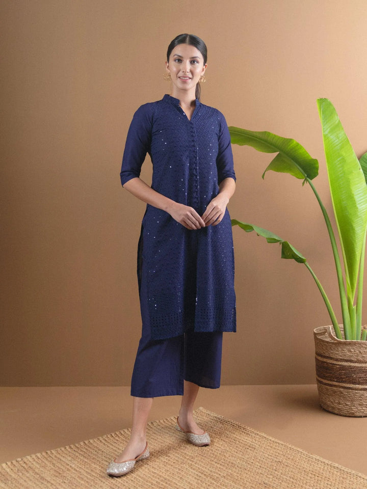 Blue Schiffli Cotton Kurta Set - Libas