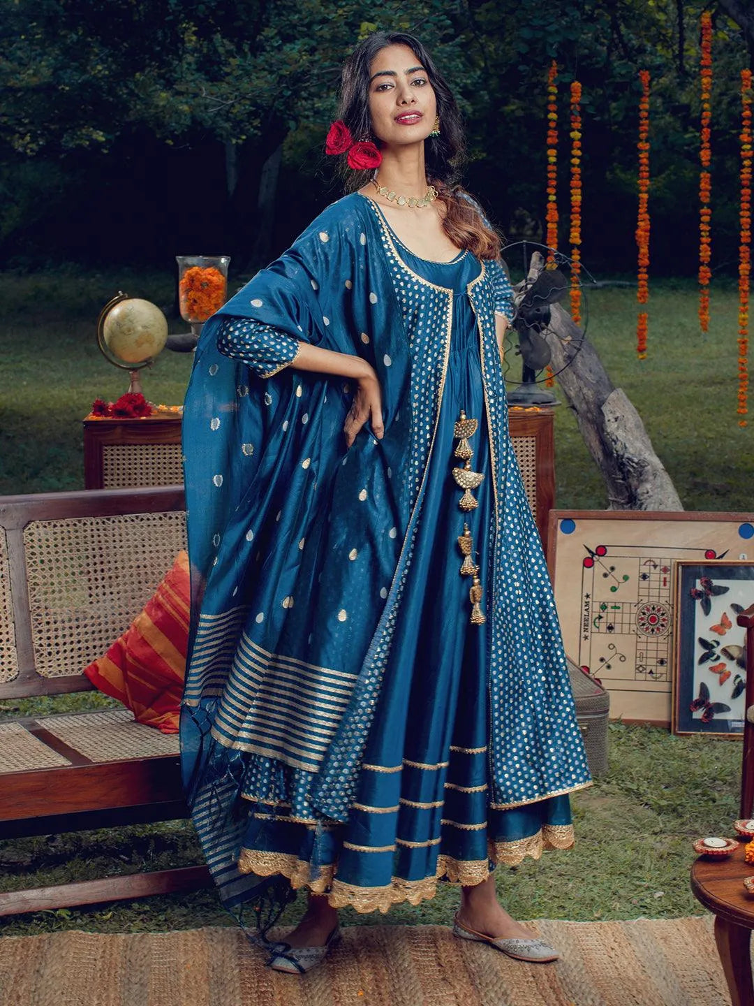 Blue Self Design Chanderi Silk Suit Set - Libas 