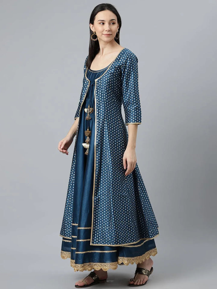 Blue Self Design Chanderi Silk Suit Set - Libas