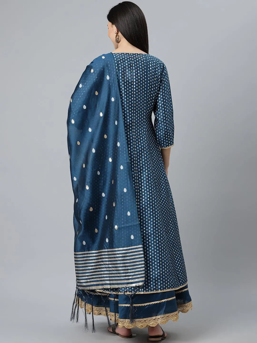 Blue Self Design Chanderi Silk Suit Set - Libas 