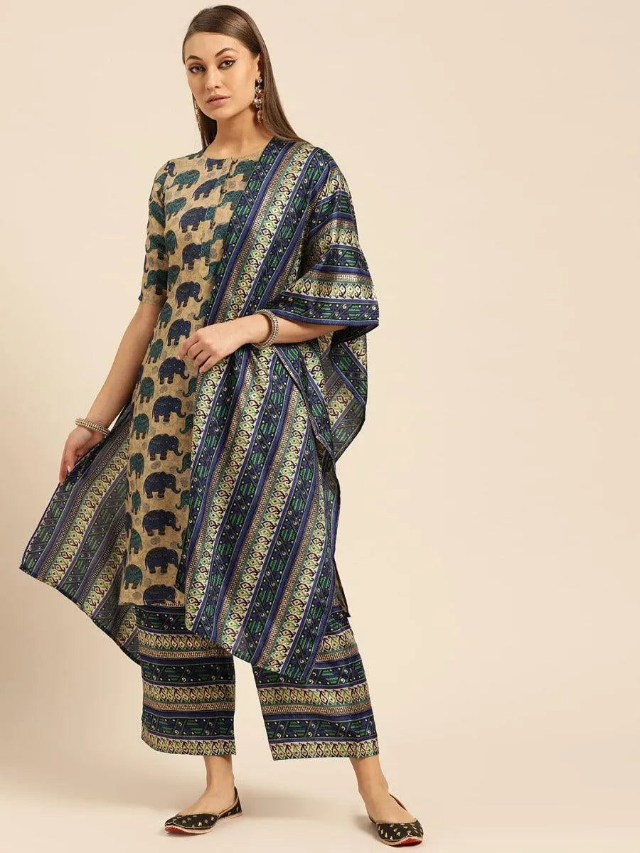 Blue Self Design Chanderi Suit Set - Libas 