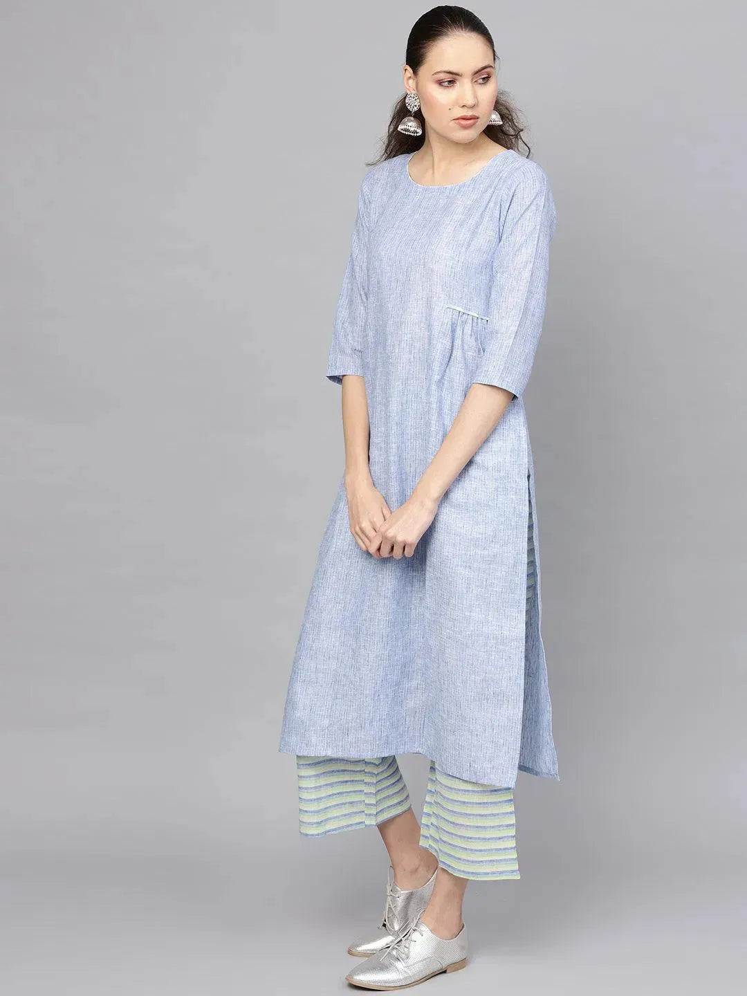 Blue Self Design Cotton Kurta Set - Libas