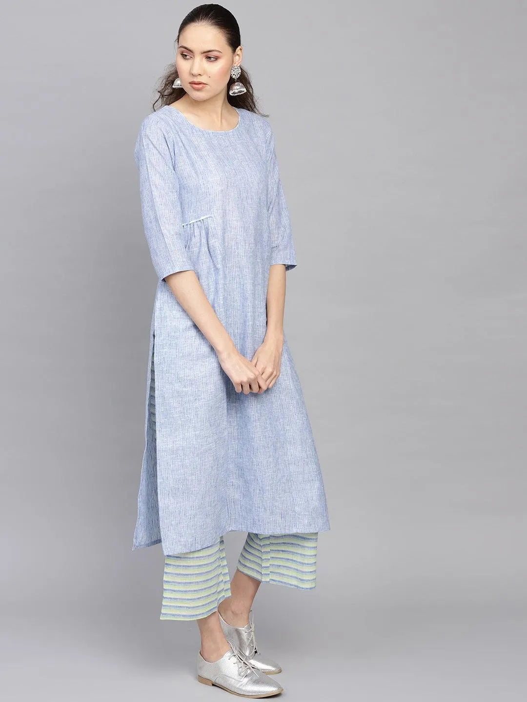 Blue Self Design Cotton Kurta Set - Libas