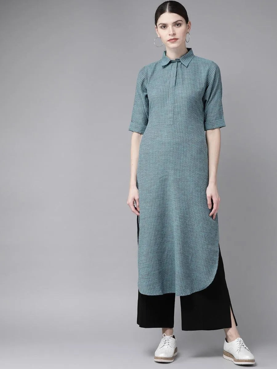 Blue Self Design Cotton Kurta - Libas