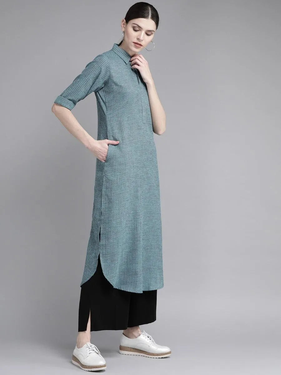 Blue Self Design Cotton Kurta - Libas