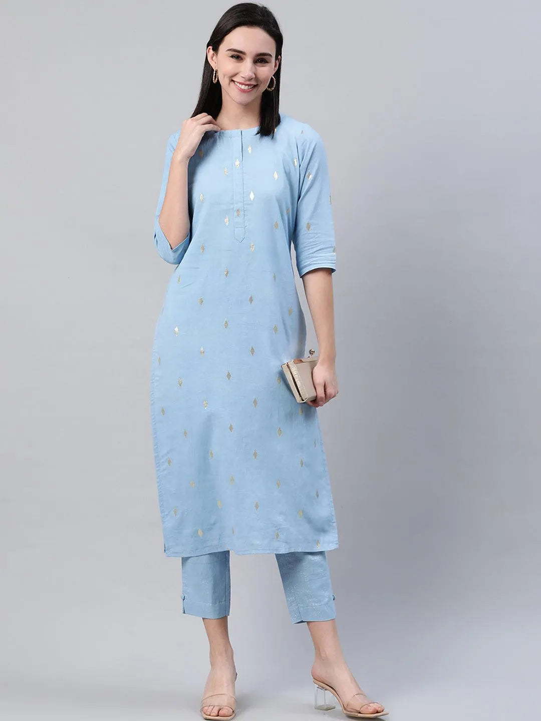 Blue Self Design Cotton Trousers - Libas 