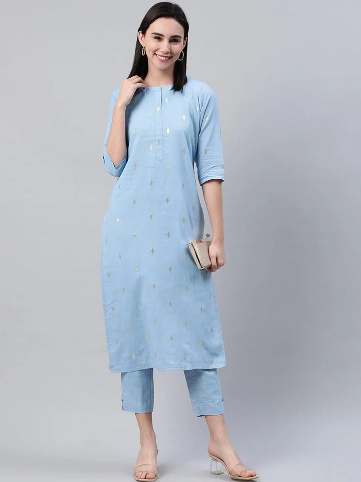 Blue Self Design Cotton Trousers - Libas