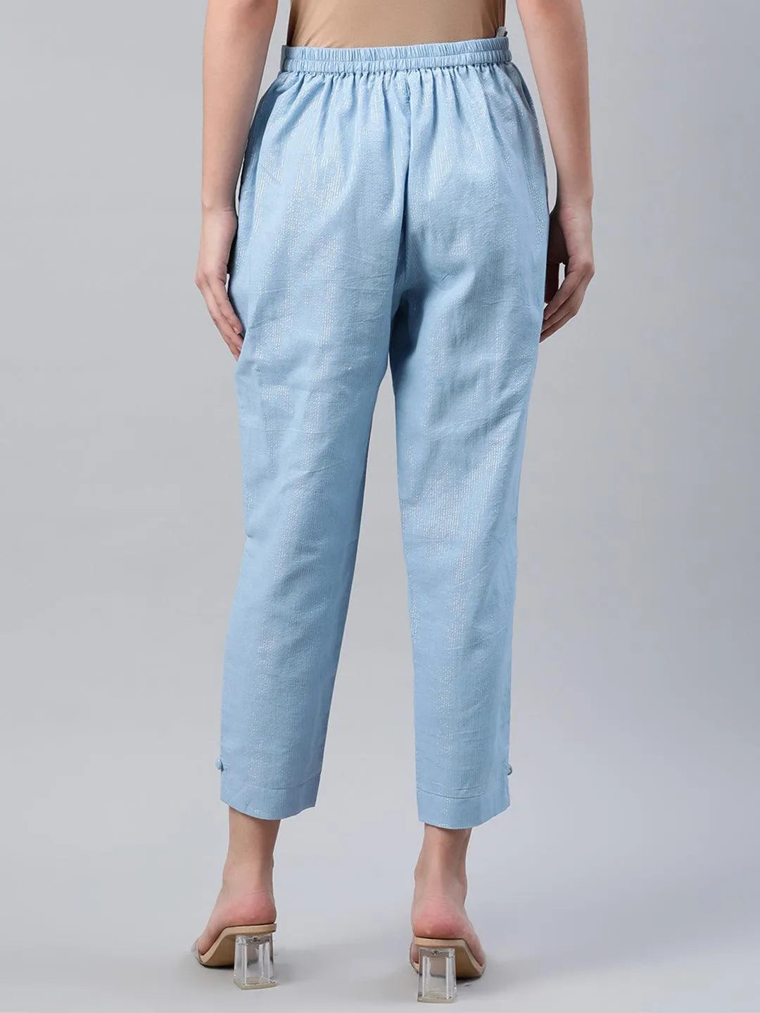 Blue Self Design Cotton Trousers - Libas 