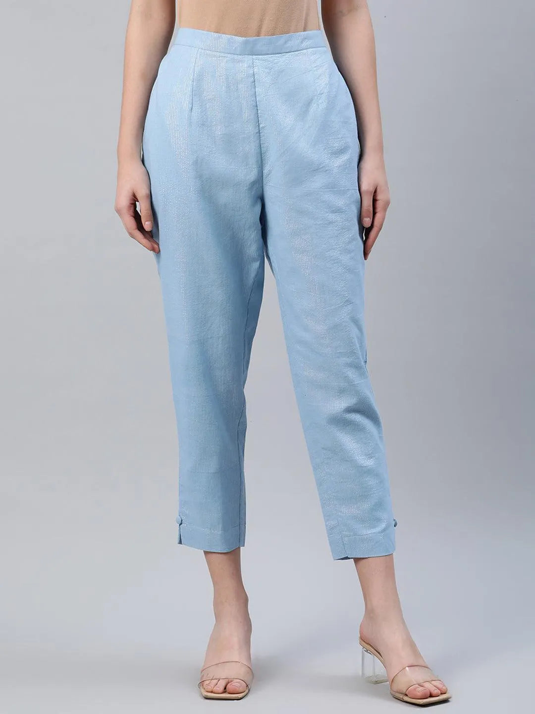 Blue Self Design Cotton Trousers - Libas 