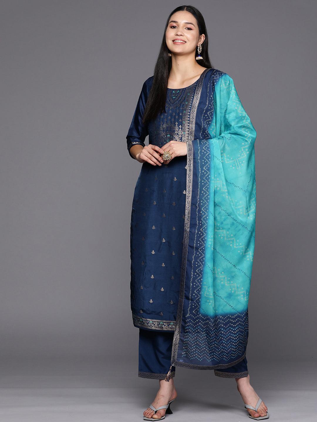 Blue Self Design Silk Blend Straight Kurta With Trousers & Dupatta