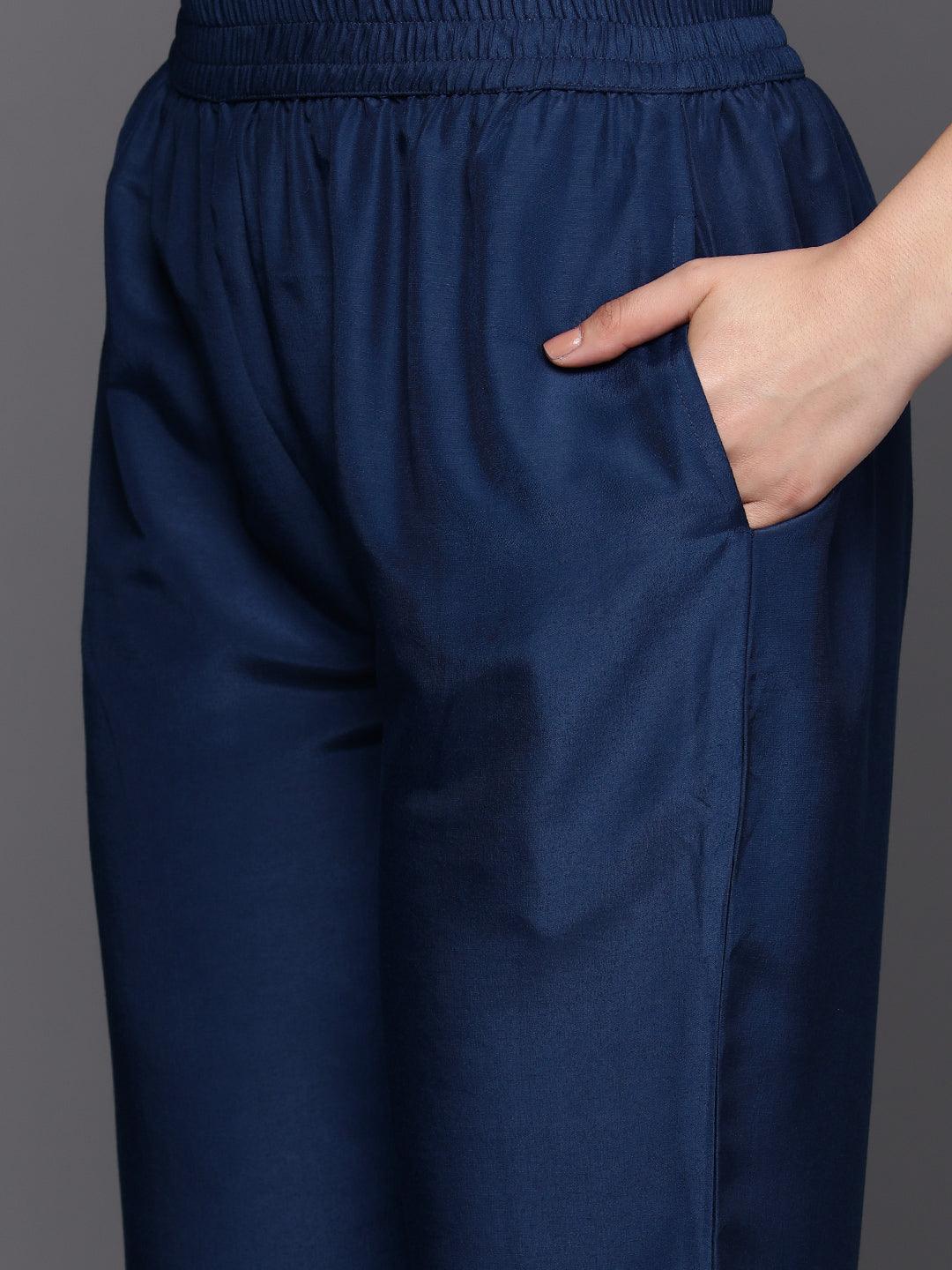 Blue Self Design Silk Blend Straight Kurta With Trousers & Dupatta