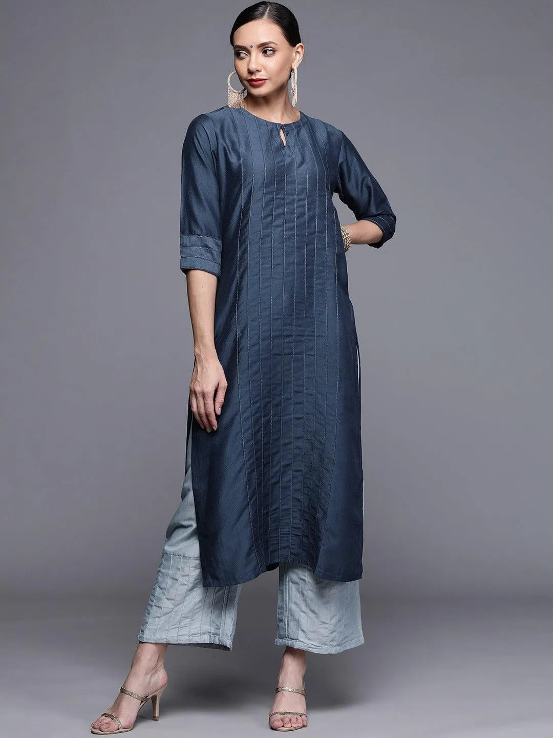 Blue Solid Chanderi Silk Kurta - Libas