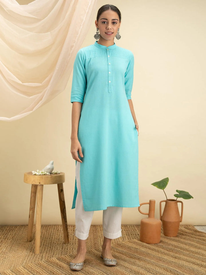 Blue Solid Cotton Kurta - Libas