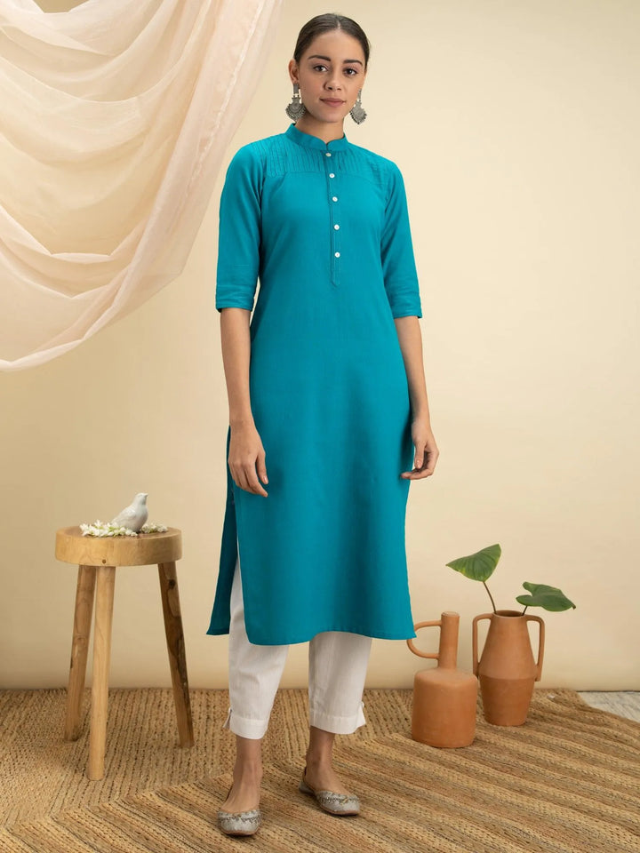 Blue Solid Cotton Kurta - Libas