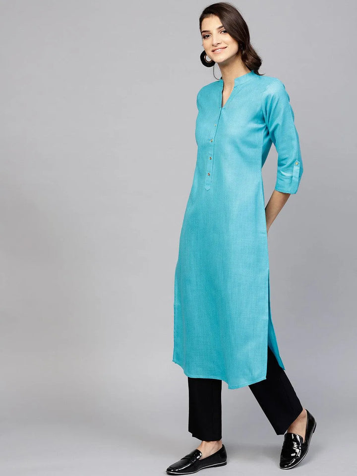 Blue Solid Cotton Kurta - Libas