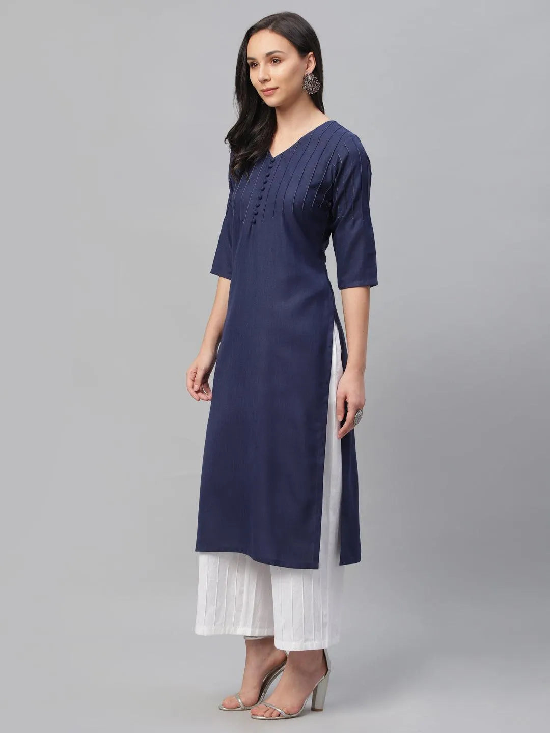 Blue Solid Cotton Kurta - Libas