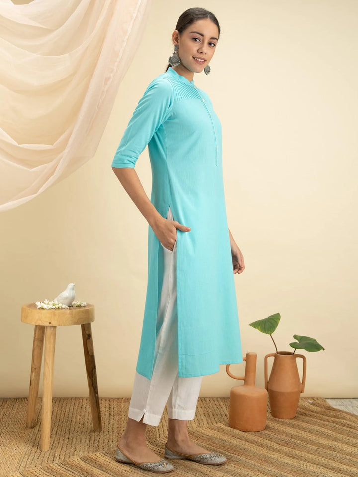 Blue Solid Cotton Kurta - Libas