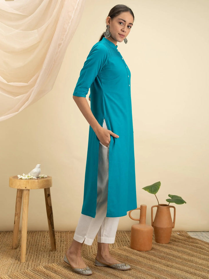 Blue Solid Cotton Kurta - Libas