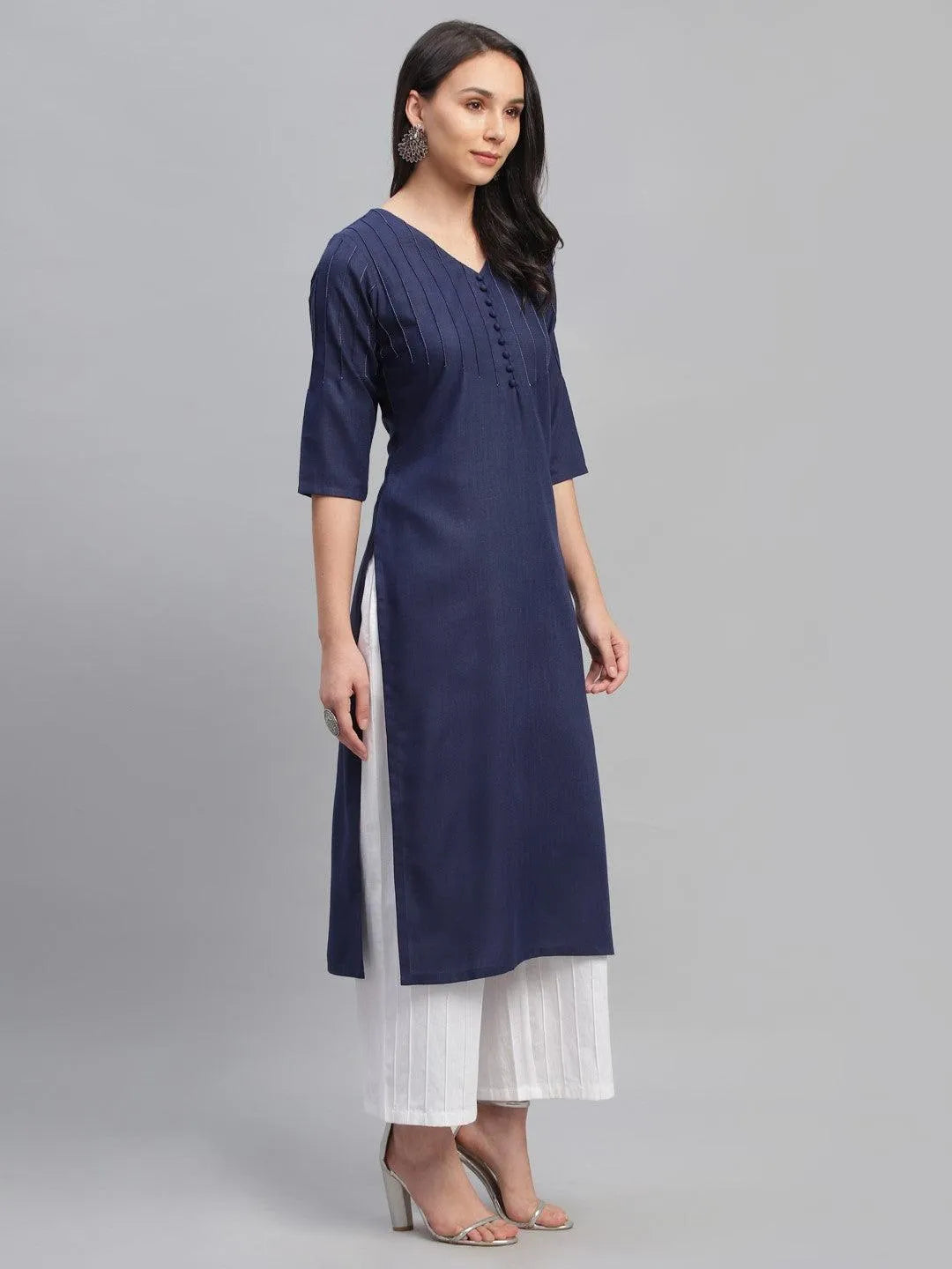 Blue Solid Cotton Kurta - Libas