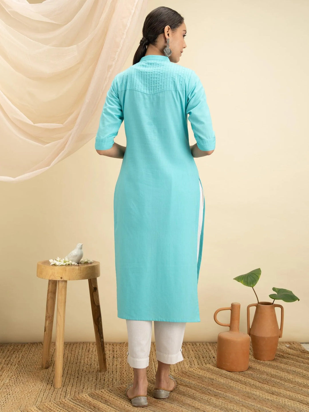 Blue Solid Cotton Kurta - Libas