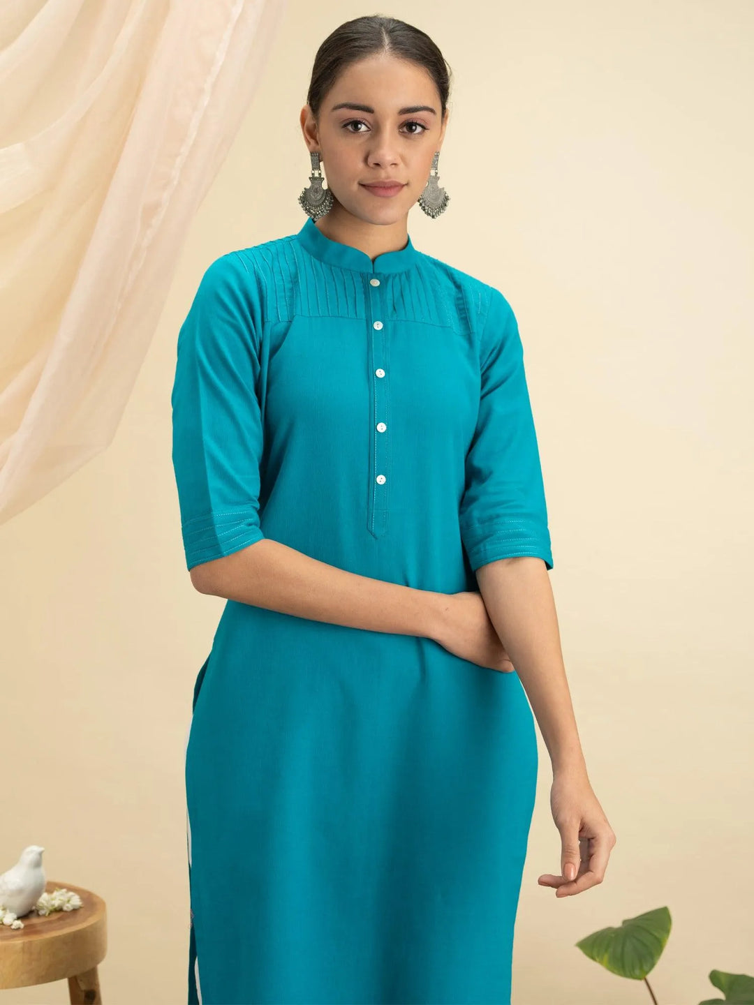 Blue Solid Cotton Kurta - Libas