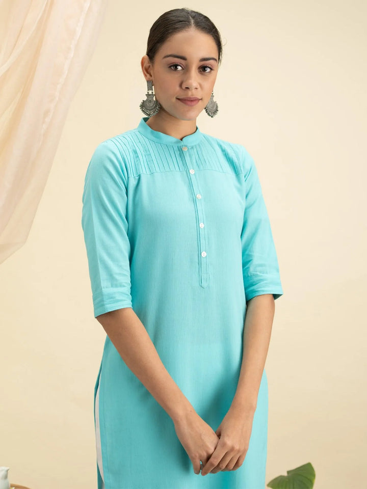 Blue Solid Cotton Kurta - Libas